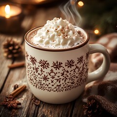 Festive hygge mug with rich, steaming hot chocolate milk.