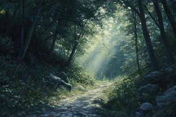 Serene Forest Path Bathed in Sunlight with Gentle Rays Illuminating the Lush Greenery, Creating a Tranquil and Peaceful Atmosphere in Nature
