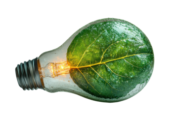 A light bulb with a green leaf inside, symbolizing eco-friendly energy and sustainability, on a white isolated background.