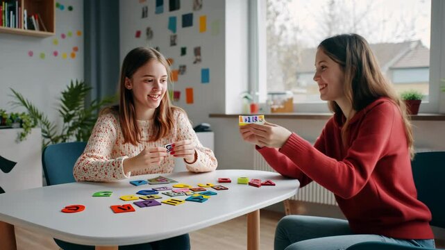 Speech therapist and young girl on speech therapy using alphabet cards to enhance language skills in a colorful playroom