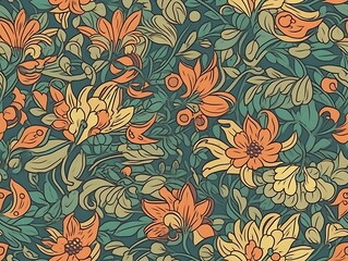 Obraz premium Intricate Floral Pattern Seamless Design Featuring Orange and Yellow Blooms
