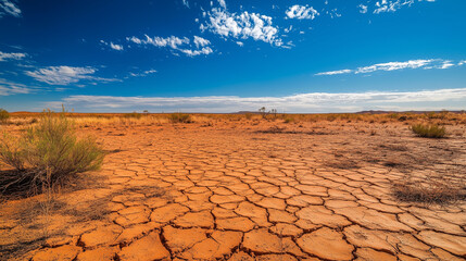 Australian outback landscape with cracked red earth and blue sky