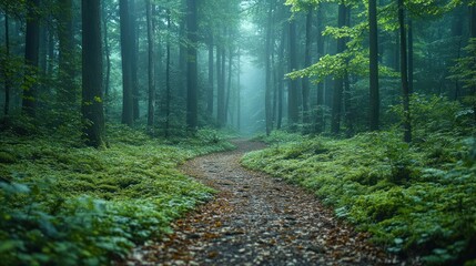 Fototapeta premium Forest path winds into misty woods.