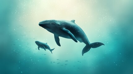 A mother whale glides with her playful calf through serene, sunlit blue waters