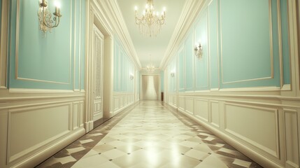 Elegant Hallway with Blue Walls and Vintage Chandeliers