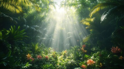 Obraz premium Sunbeams illuminate lush tropical rainforest with vibrant flowers and foliage.