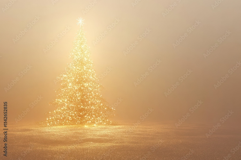 Poster a minimalistic golden christmas tree with intricate details, standing out in an abstract night setti
