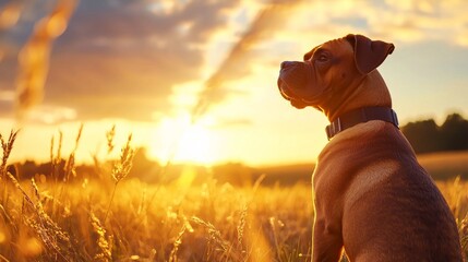 Proud and muscular boxer dog sitting in a golden meadow at sunset with soft light and serene atmosphere