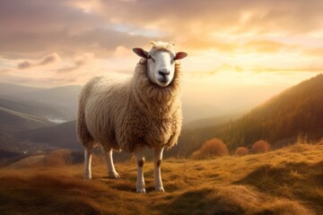 Fototapeta premium A picturesque scene of a single sheep standing majestically on a grassy knoll, with a wide-angle view of the sun setting behind distant mountains