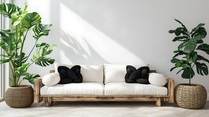 Urban jungle in trendy living room interior with white couch with black knot pillow, copy space on empty wall
