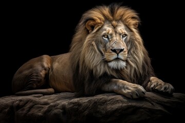 Fototapeta premium A regal lion resting on a rock, its muscular body relaxed yet alert, capturing the essence of wildlife in its natural habitat, with a rich texture of its mane detailed against the darkness.