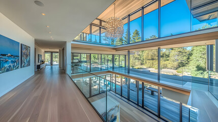 Modern House Interior Design Illustration, Glass Walls, Wooden Floor