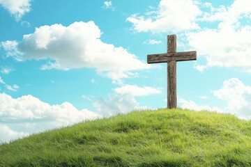 A rustic wooden cross on a grassy hilltop, reaching up towards a bright sky with scattered fluffy clouds
