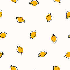 Seamless pattern with yellow tiny lemons with black outline