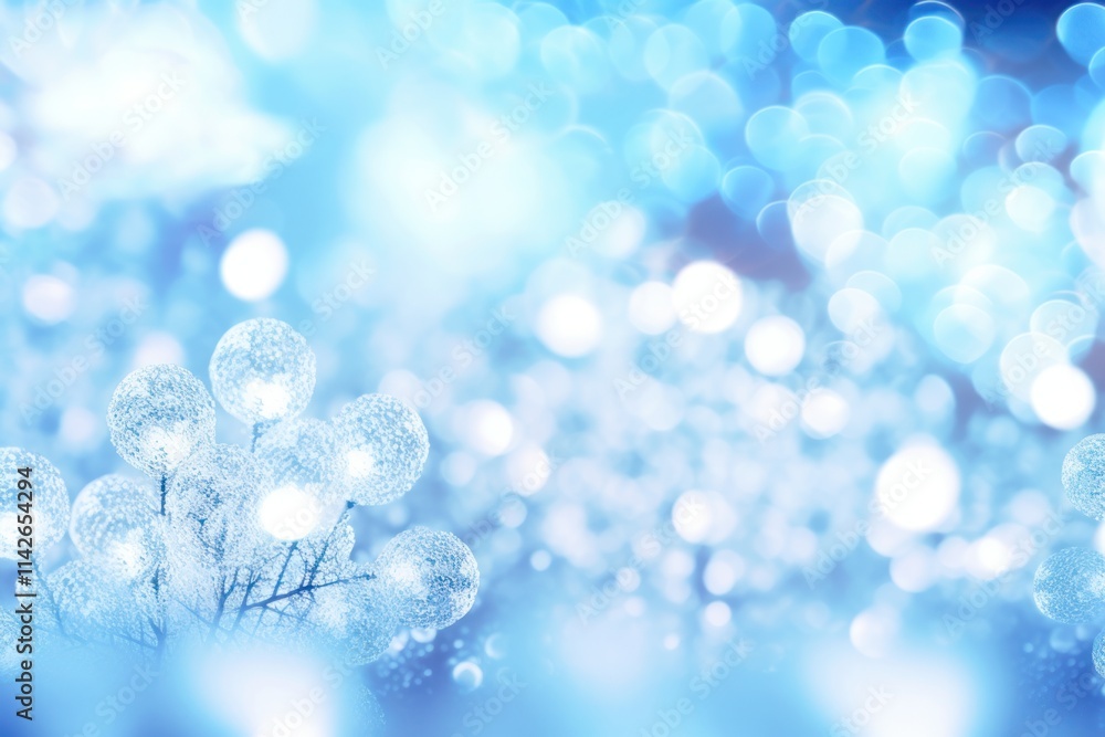 Poster a serene bokeh background featuring frosty white and blue lights that resemble snowflakes gently fal