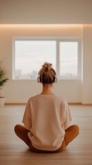Tranquil Meditation Room: Young Woman in Meditative Pose with Wireless Headphones in Mindfulness App Session