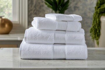 Neatly Stacked White Towels on a Marble Surface with a Soft Background in a Modern Bathroom Setting for Spa or Home Use