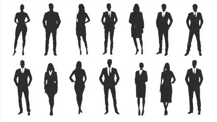 
Set of standing professional silhouettes in a business environment. Vector icon style, studio style, white background