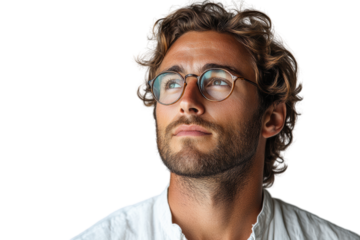 A thoughtful young man gazes upward, wearing stylish glasses, with a confident expression against a transparent background.