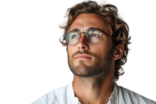 A thoughtful young man gazes upward, wearing stylish glasses, with a confident expression against a transparent background.