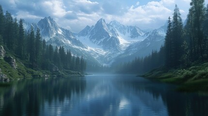 A tranquil mountain lake surrounded by towering peaks and dense forests