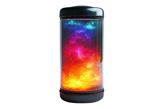A vibrant, illuminated cylinder displaying colorful, swirling cosmic patterns against a white background, ideal for modern decor or tech-themed designs.