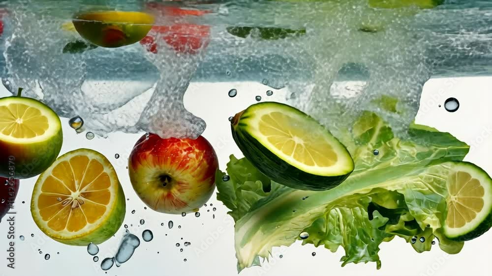 Poster refreshing scene of lemon, cucumber, banana, and lettuce slices submerged in splashing sparkling cle
