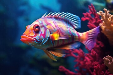 Fototapeta premium An Achilles fish swimming among colorful corals, showcasing its dynamic movement and bright hues. The background is softly blurred to bring attention to the fish's vibrant patterns and elegance.