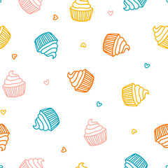 Seamless pattern with colorful cupcakes and hearts