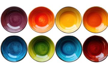A vibrant assortment of eight colorful ceramic bowls arranged in a row. Each bowl features distinct, bright colors, showcasing artistic craftsmanship.