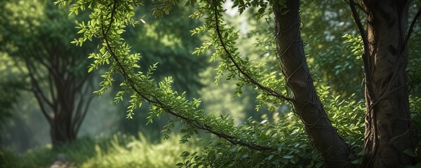 Fototapeta premium Wild privet bush intertwined with climbing vines in the woods, wilderness, springtime, foliage, greenery, tangle