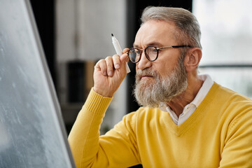 A mature handsome man wearing a yellow sweater is concentrating while holding a pen.