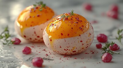 Obraz premium Creative close-up of vibrant eggs with yellow yolks and colorful toppings on a marble surface showcasing culinary art and food styling techniques