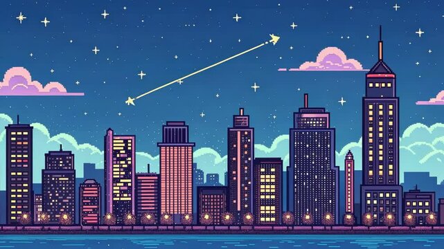 Retro Metropolis Neonlit buildings created in pixel art form rise against a serene nighttime sky where constellations shimmer and a few clouds drift lazily evoking a sense of calm