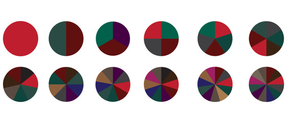 Circles divided in segments from 1 to 15 isolated on white background. Pie business chart or pizza round shapes cut in equal slices in outline style. Vector.