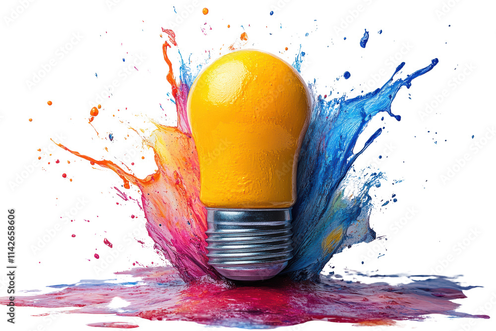 Poster a vibrant yellow light bulb surrounded by a splash of colorful paint, creating a dynamic and artisti
