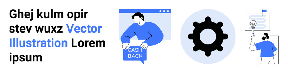 Person holding cashback sign, gear icon symbolizing settings, individual presenting idea with lightbulb. Ideal for digital marketing, online shopping, business presentations, tech blogs, ecommerce