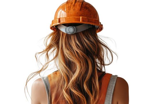 A woman wearing an orange construction helmet with long hair, standing against a white isolated background, showcasing a dedication to safety.