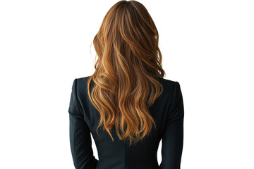 A woman with long, flowing hair stands confidently, showcasing a stylish outfit. The background is clean and neutral, highlighting her elegant look.