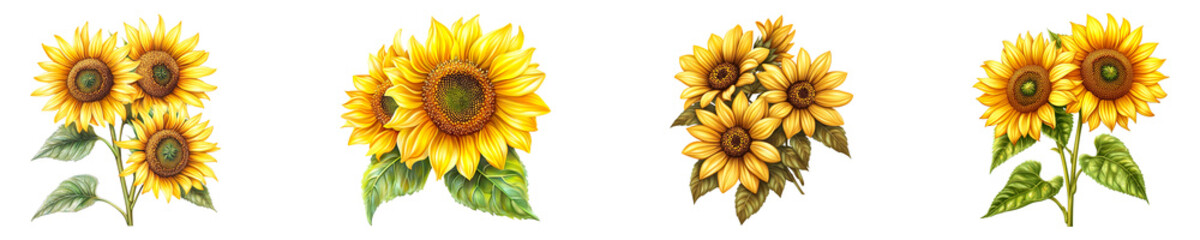Fototapeta premium Collection of A vibrant and detailed illustration of blooming sunflowers, showcasing their bright yellow petals and lively appearance isolated on transparent background