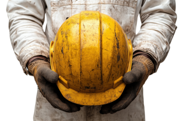 A worker holds a worn yellow hard hat, showcasing safety equipment essential for construction and industrial environments, isolated on a white background.