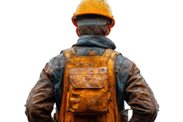 A worker in a dirty, orange helmet and worn jacket, viewed from behind, showcasing resilience and hard work in a rugged environment.