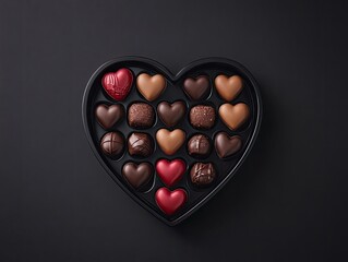 Heart-shaped box filled with assorted chocolates in various shades of brown and red.
