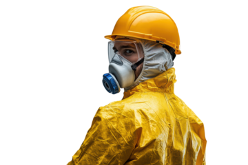 A worker in a yellow protective suit and mask, looking back with determination. Isolated on a white background for safety and workplace themes.