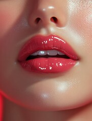 Obraz premium Close-up of glossy lips showcasing a vibrant pink shade under soft lighting to highlight skin texture and shine in an artistic beauty composition