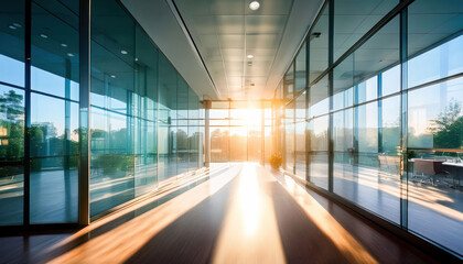 Obraz premium A textured glass office wall featuring faint reflections and soft sunlight streaming through, creating a bright and airy atmosphere ideal for modern office spaces and professional environments.