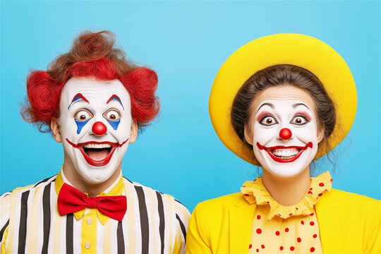 Two cheerful clowns with colorful costumes and painted faces are smiling widely in front of a bright blue background. Joyful and festive entertainment concept.