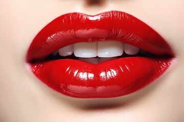 Obraz premium Captivating close-up of vibrant red lips with a high-shine gloss, showcasing their full and luscious appearance. The photograph captures the lips in a slightly pursed position