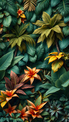 Fototapeta premium Tropical trees arranged in full background Or full wall There are leaves in different sizes, different colors, various sizes, many varieties. Another garden layout, graphic novel art. isolated with 