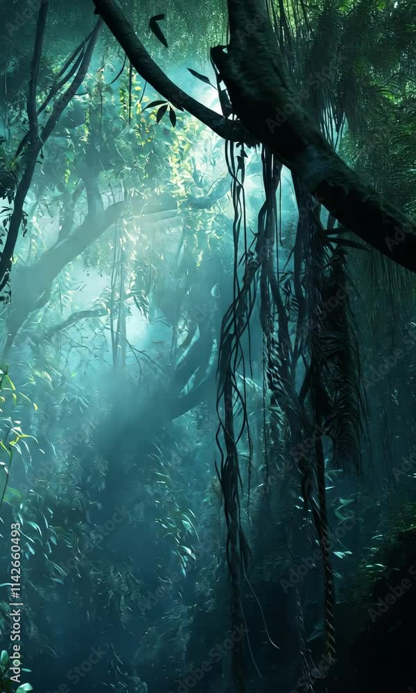 Poster majestic rainforest with towering trees and dense greenery illuminated by soft light
